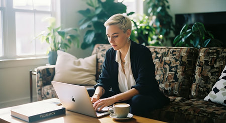 A woman with short blonde hair sits on a patterned couch, typing on her laptop with a cup of coffee and a book nearby in a cozy living room setting with plants and natural light.の素材