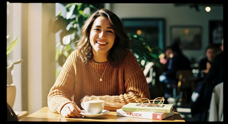 A smiling young woman sits at a wooden table in a cafe, surrounded by lush greenery, with a cup of coffee and books in front of her, wearing a warm brown sweater and a delicate necklace.の素材