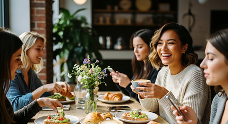 A group of five women sit around a table laden with food and drinks, laughing and chatting while enjoying each other's company in a casual dining setting.の素材