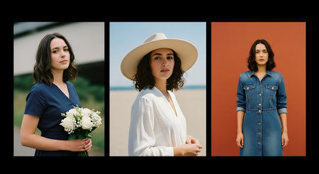 A collage of three photos of a woman wearing different outfits and posing in various settings, including a blue dress with flowers, a white shirt and hat on the beach, and a denim dress.の素材