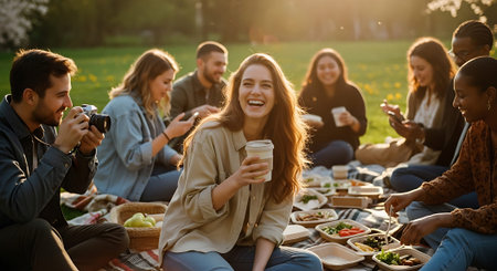Group of young adults sitting on blanket in park, smiling, eating, and socializing during a picnic on a sunny day with lush green grass and trees in the background.の素材