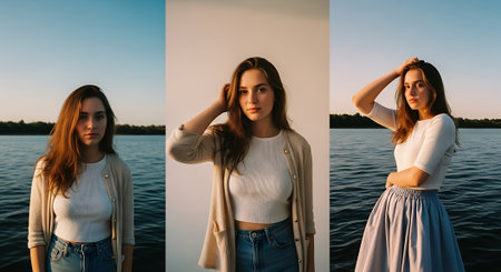 A young woman with long brown hair is featured in three different poses, standing in front of a serene body of water with a clear blue sky, wearing casual outfits and displaying various expressions.の素材