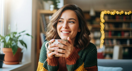A smiling woman in a colorful sweater holds a mug, sitting by a window with a potted plant, surrounded by bookshelves and warm lighting in the background.の素材