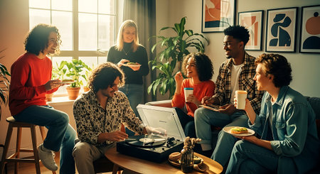 A group of six friends from different ethnicities gather in a cozy living room, enjoying food, drinks, and music from a record player, surrounded by plants and artwork.の素材