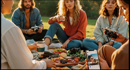 Group of young adults sitting in a circle on grass, sharing food and drinks, with some taking photos with cameras and smartphones, in a sunny outdoor setting.の素材
