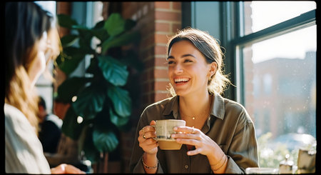 Two women sit by a window in a cafe, engaged in conversation, one holding a cup of coffee and smiling warmly, with a plant and brick wall in the background.の素材