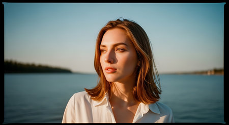 A young woman with shoulder-length brown hair and a white collared shirt stands in front of a calm body of water, possibly a lake or ocean, under a clear blue sky.の素材