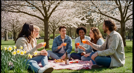 Group of six friends sitting on blanket, toasting with orange drinks, surrounded by blooming cherry blossom trees, green grass, and vibrant yellow daffodils on a sunny day.の素材