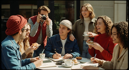 A group of young adults sit at a table, eating pastries and writing, while one man takes photos, capturing a casual and joyful moment together outdoors.の素材