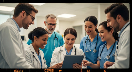 A diverse group of medical professionals, including doctors and nurses, gathered around a tablet, reviewing patient data in a modern hospital setting with a clean and sterile environment.の素材