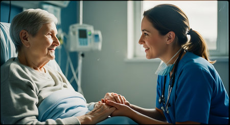 A compassionate nurse in blue scrubs holds hands with a happy elderly patient in a hospital bed, conveying comfort and care in a bright, clean room with medical equipment.の素材