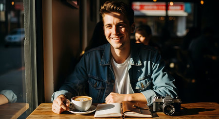 A smiling young man sits at a wooden table in a cafe, holding a cup of coffee and wearing a denim jacket, with a camera and notebook nearby, exuding a sense of relaxation and leisure.の素材