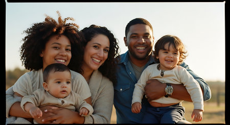 A joyful family of six, consisting of two adults and four children, pose together outdoors, smiling and embracing each other in a natural setting.の素材