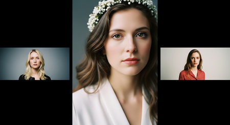 A composite image featuring three women with distinct appearances, each set against a separate background, showcasing their unique hairstyles and clothing.の素材