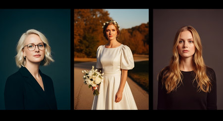 A collage of three photographs featuring women in distinct environments and outfits, showcasing varied styles and moods.の素材