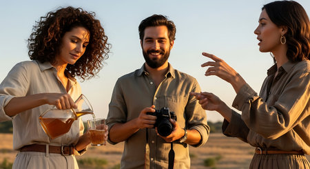 Three friends standing in a desert landscape, sharing tea and conversation, with one holding a camera, enjoying a serene moment together at sunset.の素材
