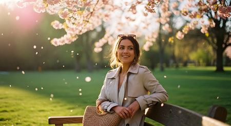 A smiling woman sits on a wooden bench under a blooming cherry blossom tree, surrounded by green grass and falling petals, wearing a beige jacket and holding a straw bag.の素材