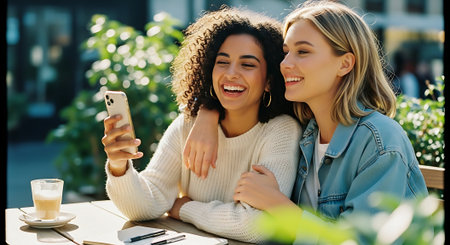 Two smiling women, one with curly dark hair and the other with blonde hair, sit at a table with a coffee cup, taking a selfie together in a sunny outdoor setting.の素材