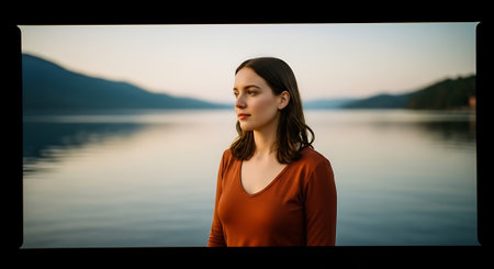 A young woman in an orange shirt stands peacefully by a still lake, surrounded by majestic mountains and a serene atmosphere during sunset.の素材
