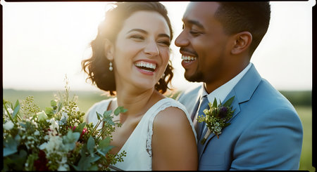 A smiling bride and groom share a joyful moment together outdoors, with the bride holding a bouquet of flowers and wearing a white dress, and the groom in a blue suit.の素材