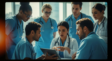 A diverse group of medical professionals in blue scrubs and one in a white coat gather around a tablet, engaged in discussion in a bright office with large windows.の素材
