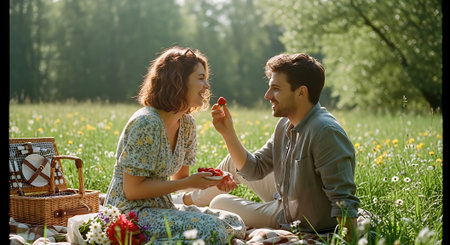 A young couple enjoys a romantic picnic in a lush green meadow, surrounded by wildflowers, with a wicker basket and a blanket, sharing a strawberry.の素材