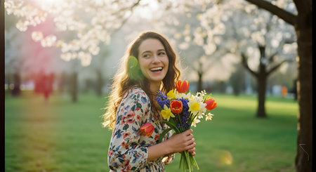 A smiling young woman with long brown hair holds a vibrant bouquet of tulips and wildflowers in a lush green park surrounded by blooming trees and sunny atmosphere.の素材