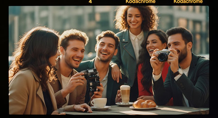 A group of six friends, smiling and laughing, take photos and enjoy coffee and pastries at an outdoor table with a blurred city background.の素材