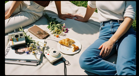 A serene outdoor picnic scene with a camera, plate of croissant, flowers, and other items on a blanket, surrounded by two people relaxing in a grassy area.の素材