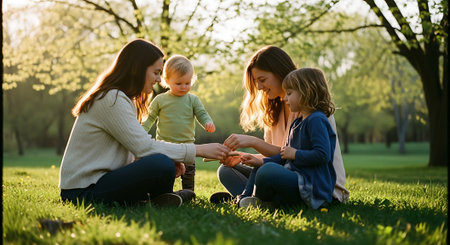 A tender scene of two women and two children sitting on grass in a park, holding hands and enjoying quality time together in a serene outdoor setting.の素材
