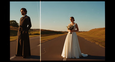 A bride in a white wedding dress and a groom in a dark suit stand on either side of a deserted road, surrounded by rolling hills and a clear blue sky, holding a bouquet of flowers.の素材