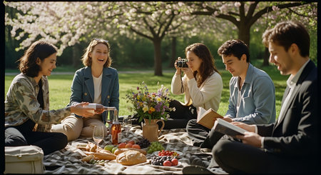 Group of five friends sitting on blanket in park, surrounded by trees, enjoying food, drinks, and each other's company on a sunny day.の素材