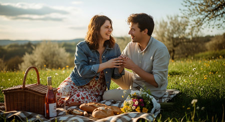 A young couple enjoys a romantic picnic on a blanket in a serene green field with a beautiful view, wine, bread, and flowers.の素材