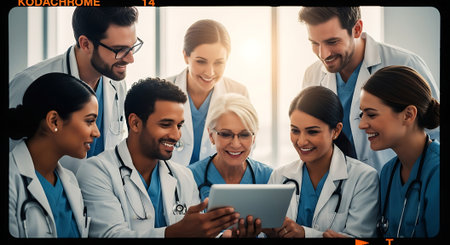 A group of eight smiling medical professionals, wearing white lab coats and blue scrubs, gather around a tablet in a bright and airy room with large windows.の素材