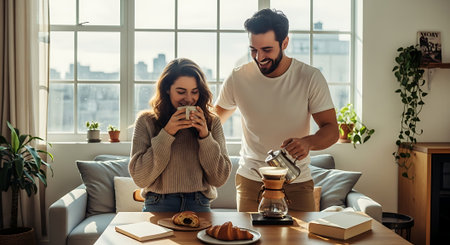 A man pours coffee while a woman sips from a mug, surrounded by a cozy living room with a city view, plants, and a table with croissants and books.の素材
