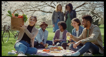 Group of friends sitting on blanket in park, surrounded by blooming trees, enjoying food and company on a sunny day.の素材