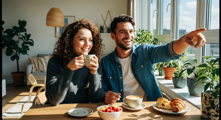 A smiling man and woman sit at a wooden table with breakfast, holding cups and pointing out the window, surrounded by plants and natural light in a cozy living room.の素材