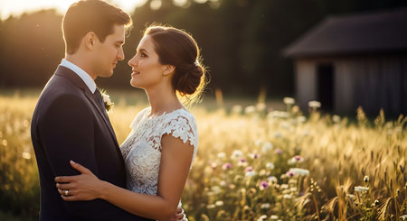 A tender moment of a newlywed couple embracing in a serene field of tall grass and wildflowers, with a rustic barn in the background at sunset.の素材