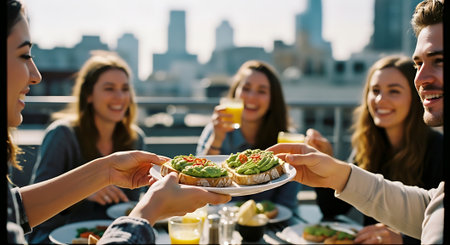 Group of friends enjoying a meal together on a rooftop, sharing food and drinks with a city skyline in the background, conveying a sense of friendship and relaxation.の素材