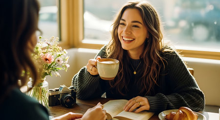 Two women sit at a wooden table by a window, engaged in conversation, with one holding a cup of coffee and the other partially visible, surrounded by flowers, a camera, and a pastry.の素材