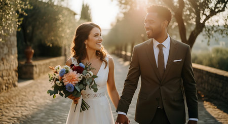 A smiling bride and groom, dressed in formal attire, stroll together on a cobblestone path, surrounded by trees and greenery, with the bride holding a colorful bouquet of flowers.の素材