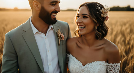 A smiling bride and groom stand together in a golden wheat field, enjoying a romantic moment at sunset, with the woman wearing a white wedding dress and the man in a gray suit.の素材
