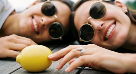 Close-up of two women wearing sunglasses, smiling and lying down with a yellow lemon on a wooden surface, hands reaching out to touch the fruit.の素材