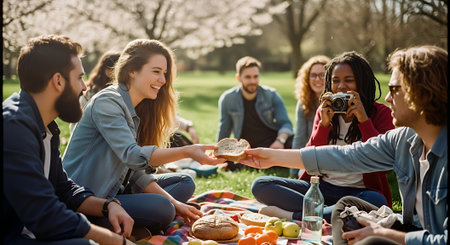 A group of young adults sit on a vibrant picnic blanket in a park, sharing food and smiling as they enjoy each other's company on a sunny day.の素材