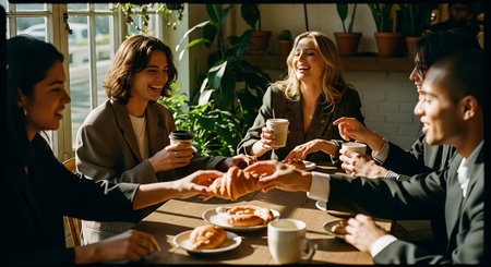 A group of four diverse business professionals sit around a wooden table, smiling and holding cups of coffee while stacking their hands in a gesture of teamwork and unity.の素材