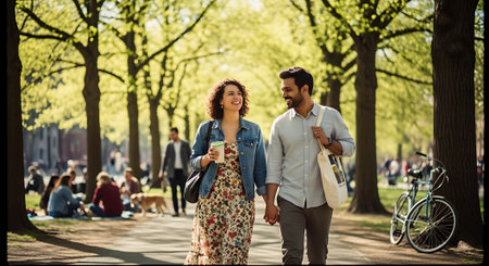 A smiling couple, a woman in a floral dress and denim jacket and a man in a white shirt and brown pants, walk together holding hands in a park with trees, people, and a bicycle in the background.の素材