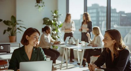 Two women sit at a desk with a laptop, smiling at each other, in a bright office with other colleagues and plants in the background.の素材