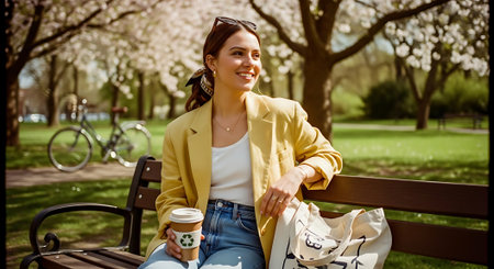 A smiling young woman sits on a park bench, holding a coffee cup and a tote bag, surrounded by blooming trees and lush green grass, with a bicycle in the background.の素材