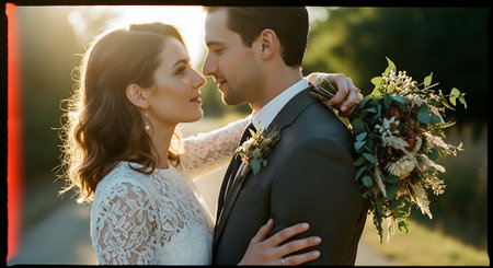 A tender moment of a bride and groom embracing, with the bride holding a bouquet, set against a softly lit outdoor backdrop.の素材