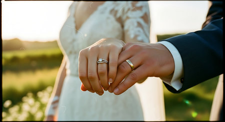 A tender moment of a newlywed couple holding hands, with the bride in a white wedding dress and the groom in a suit, set against a serene green field and sunset background.の素材